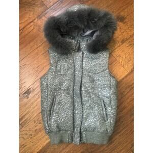 Women's Alice + Olivia Dark Gray/ Sequins Puffer Vest w/ Real Fox Fur Trim